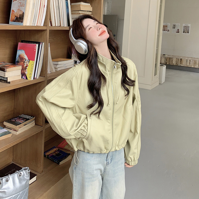 黄色设计感超好看PU皮外套女短款2025春新款休闲洋气抽绳宽松夹克,女装皮衣,2C218