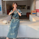 港风复古牛仔连衣裙女2025夏季新款时尚洋气减龄收腰显瘦衬衫长裙，女装连衣裙，2C098