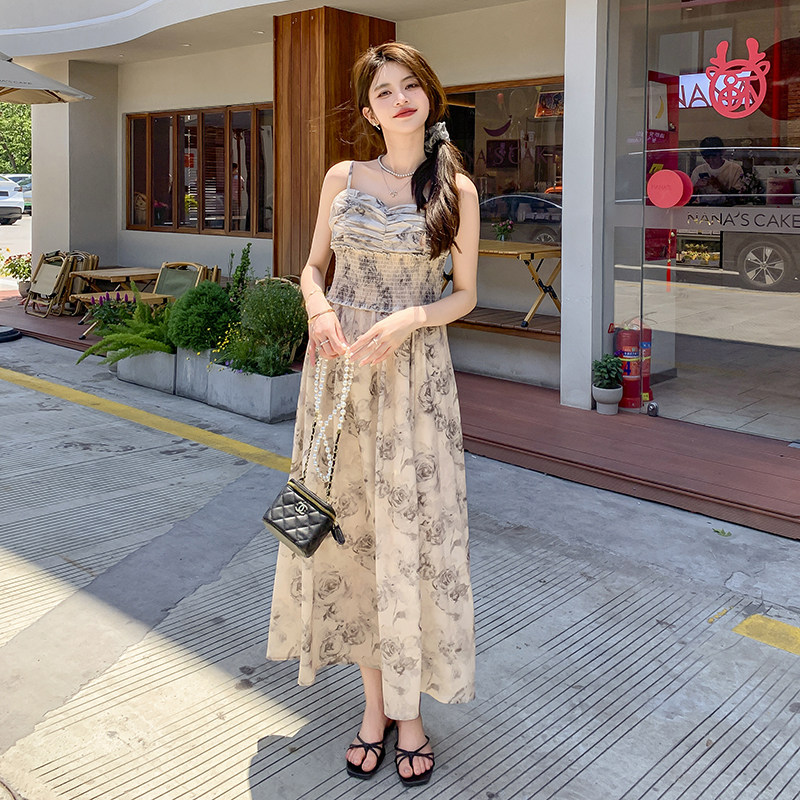 法式水墨印花气质吊带连衣裙女2025夏季新款韩版收腰显瘦复古长裙,女装连衣裙,2C222