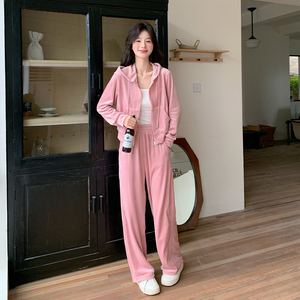 粉色减龄休闲连帽卫衣套装女2025春秋新款显瘦阔腿裤运动服两件套图片