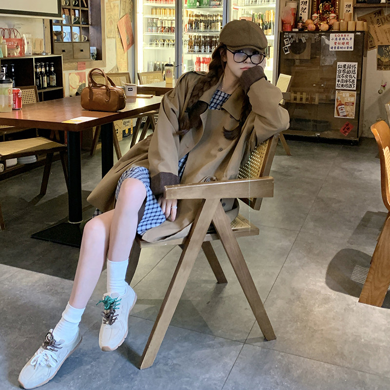 复古英伦风撞色短风衣女2025春秋季新款韩版宽松收腰显瘦夹克外套,女装风衣,2C098