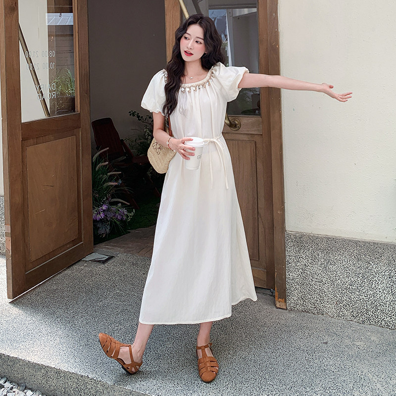 法式白色泡泡袖连衣裙女2025夏季新款温柔风高级感时尚超好看长裙,女装连衣裙,2D078