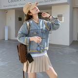 韩版休闲圆领撞色牛仔外套女春季2025新款小个子宽松百搭短款夹克，女装短外套，2C057