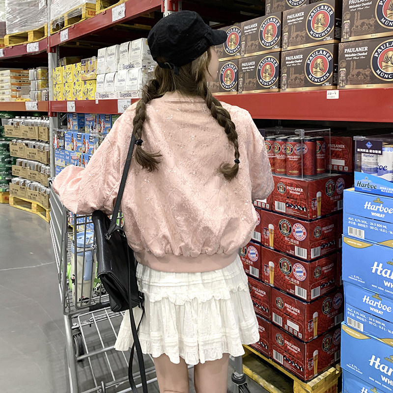 甜酷风亮片点缀双头拉链国风盘扣结合棒球服女2025新早秋流行穿搭,女装短外套,2C087