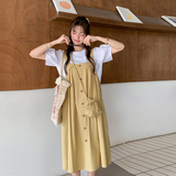 现货25夏装新款两件套背带裙宽松慵懒风T恤+背带裙+小包包，女装连衣裙，衣珂纱朗