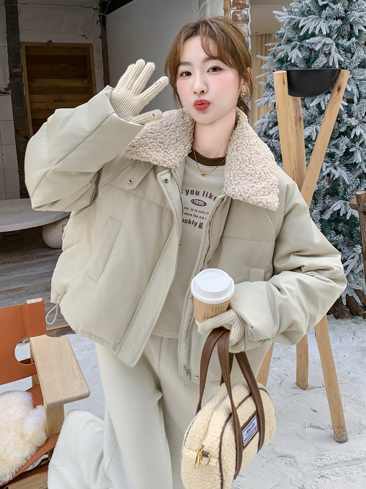 韩版保暖羊羔毛领短款羽绒服女2025年冬季新款显瘦加厚白鸭绒外套,女装羽绒服,2C236