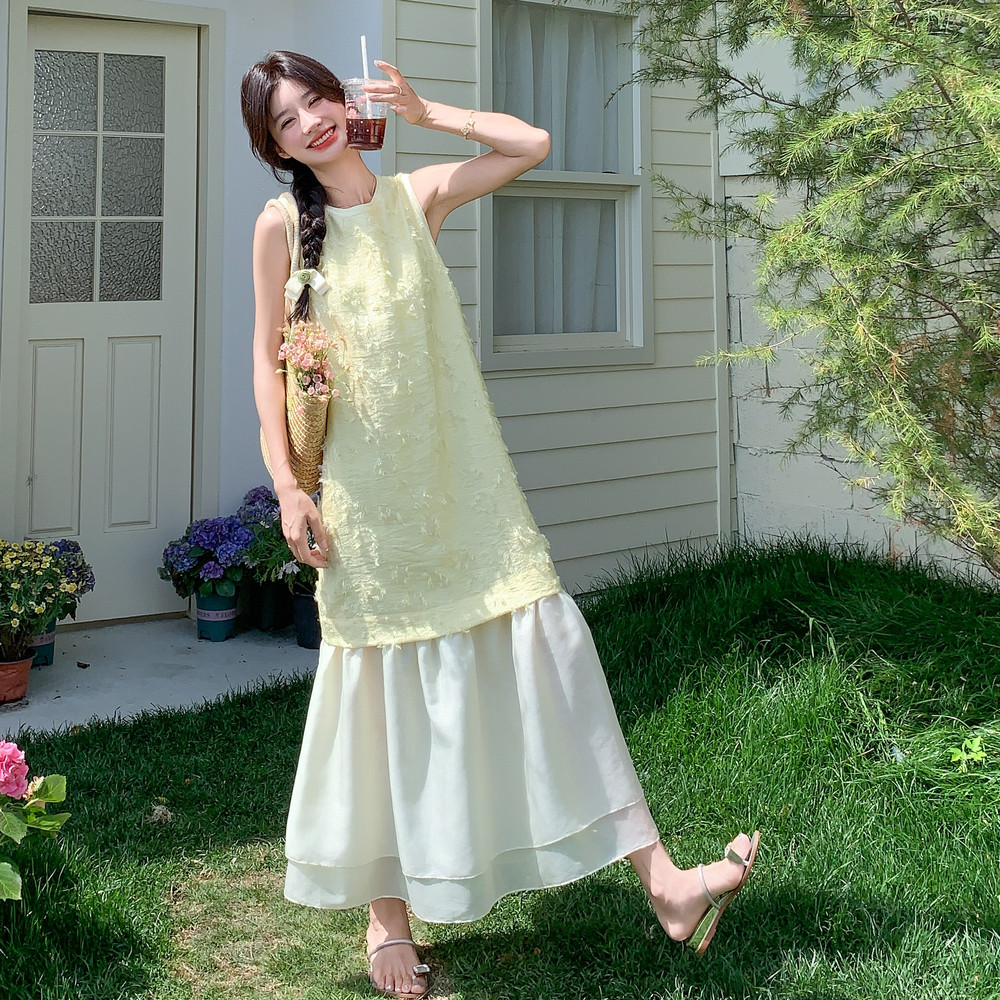 高级感假两件无袖背心裙女2025夏季新款韩系温柔风减龄绝美连衣裙,女装连衣裙,2C259