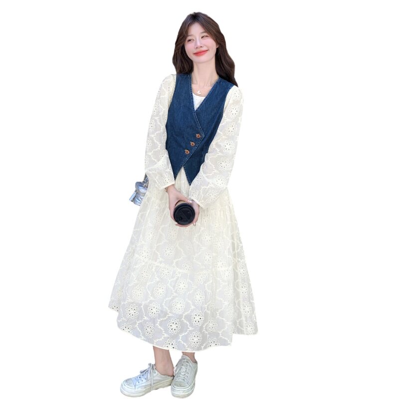 新款秋季牛仔马甲+蕾丝连衣裙套装C252-2623-P175K258,女装连衣裙,2C252