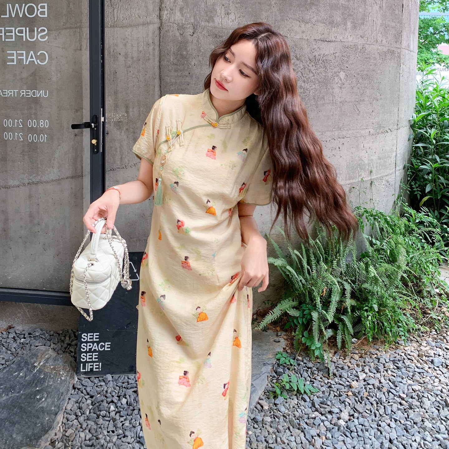 新中式国风印花连衣裙女夏季2025新款时尚设计感盘扣改良旗袍长裙,女装连衣裙,2C320