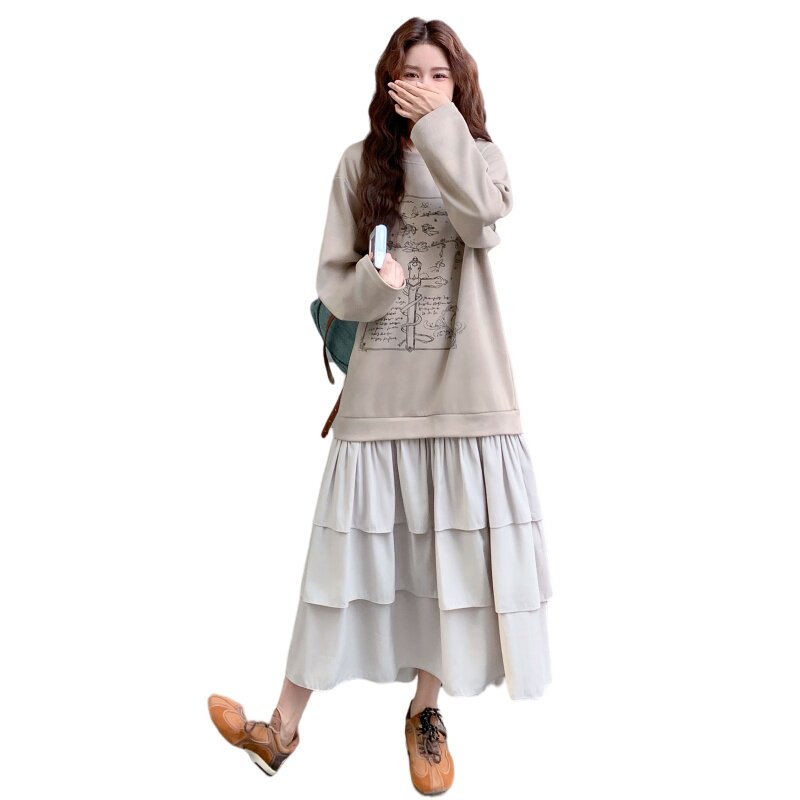 假两件拼接卫衣连衣裙女2025秋季新款慵懒风宽松减龄小个子蛋糕裙,女装连衣裙,2C206