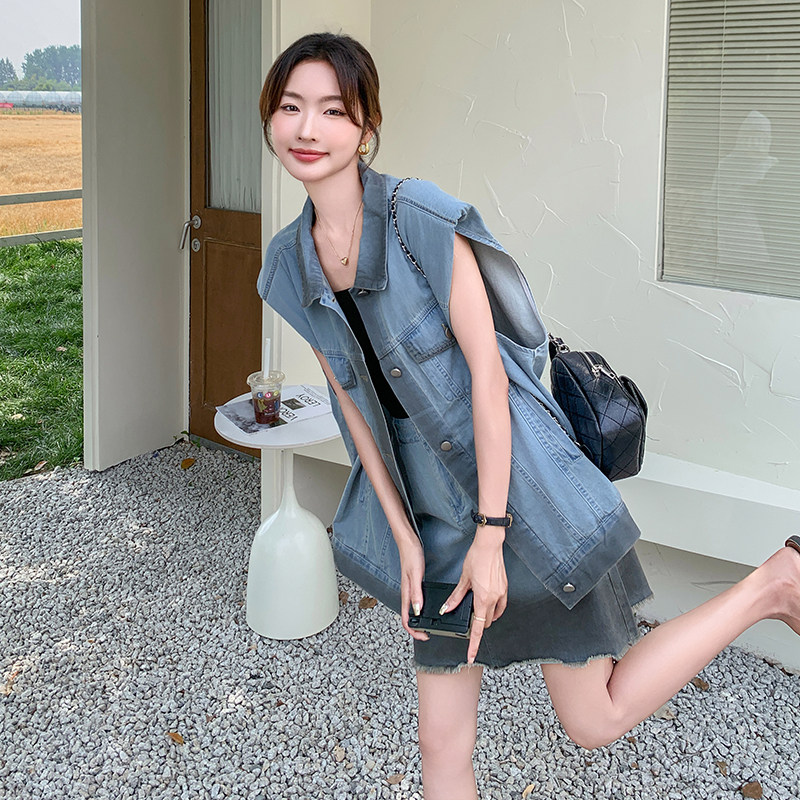 甜辣美式牛仔马甲套装女2025夏季新款炸街时尚上衣洋气短裙两件套,女装套装/套裙,2C115