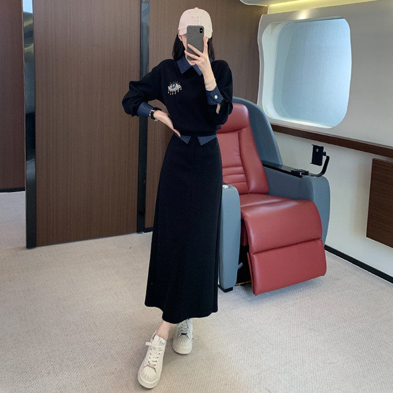 高级感时尚黑色女秋季御姐气质拼接卫衣半身裙套装,女装套装/套裙,2C310