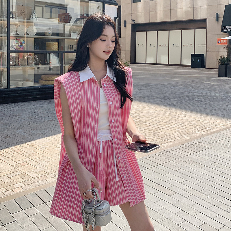 条纹休闲时尚套装女夏季2025新款无袖衬衫上衣高腰短裤减龄两件套,女装套装/套裙,2C112