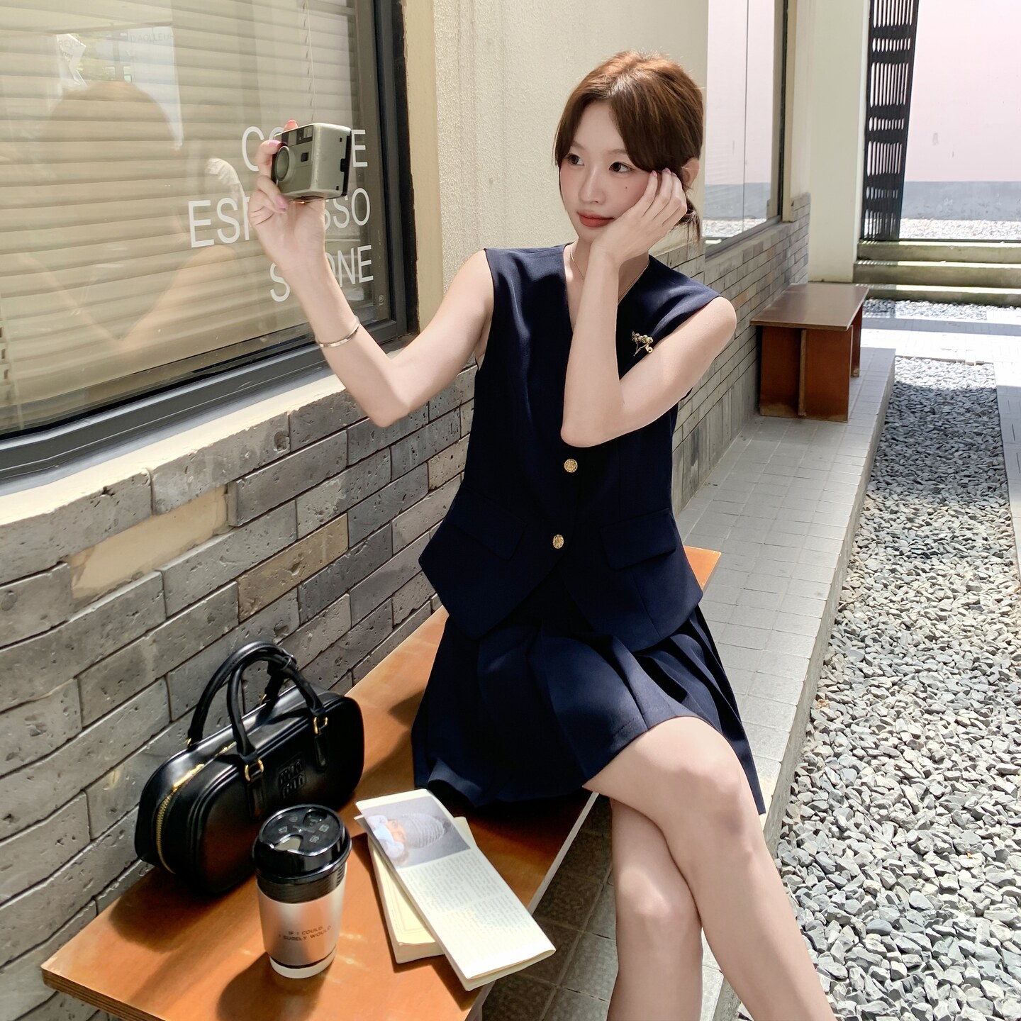 学院风深蓝色V领西装马甲套装女2025夏季新款小个子百褶裙两件套,女装套装/套裙,2C098