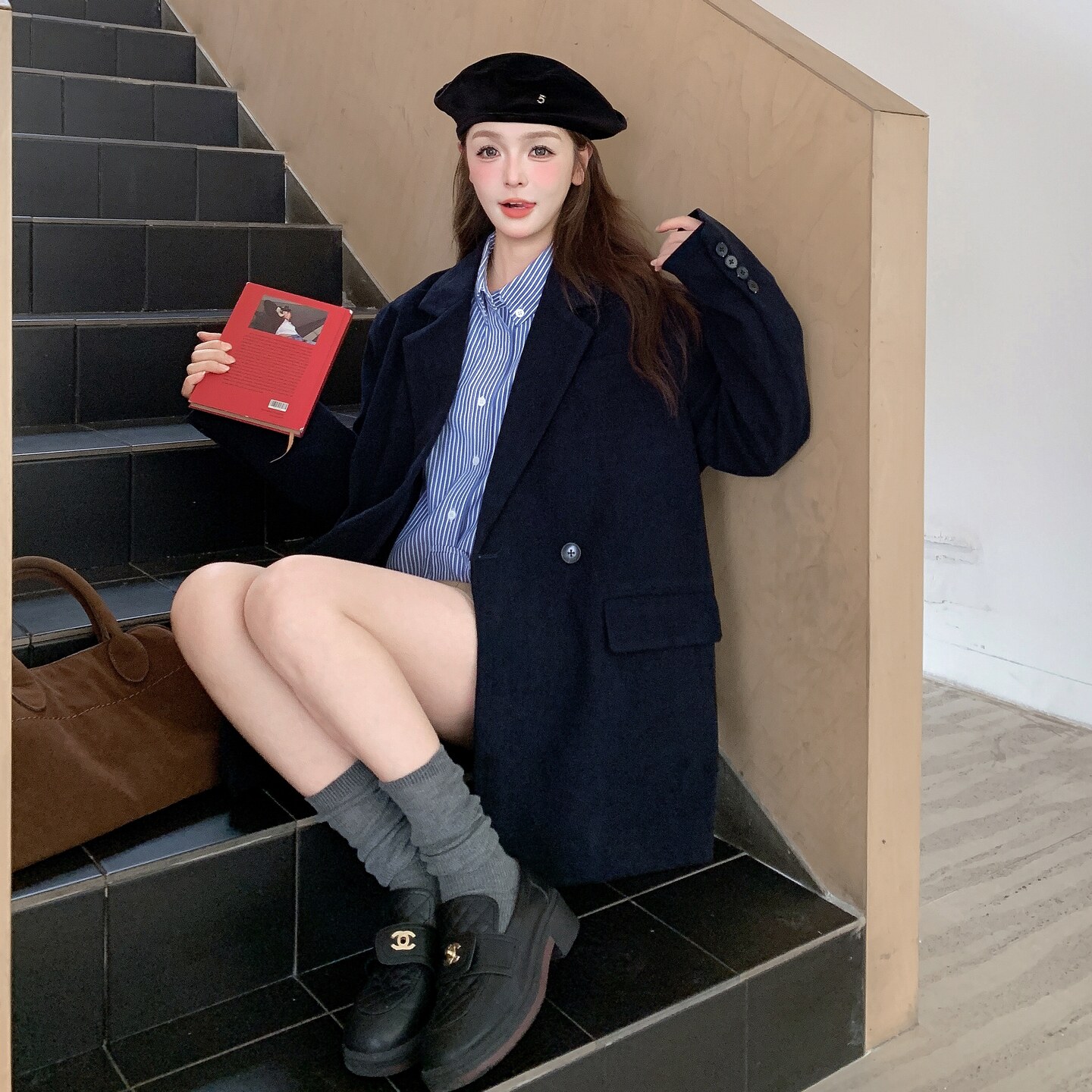 藏青色休闲西装外套女2025秋季新款韩系高级感小个子气质时尚西服图片