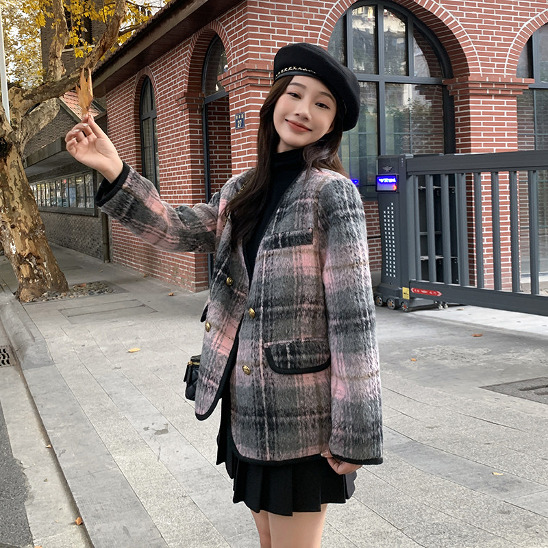灰粉格子羽绒服内胆小香风外套女冬季2025新款短款小个子赫本风,女装羽绒服,2C057
