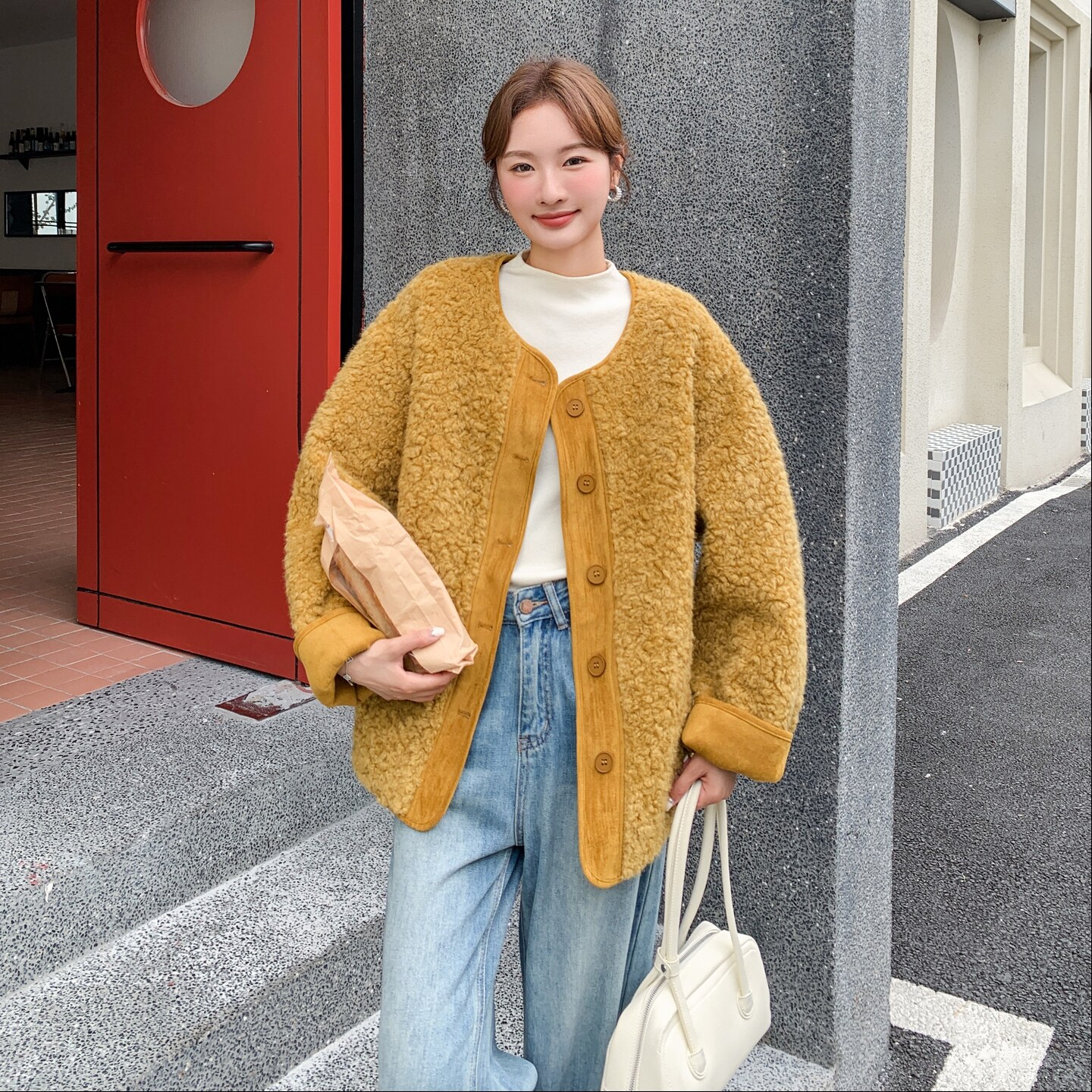 美拉德皮毛一体毛毛外套女冬季新款韩系简约宽松加厚圆领棉服潮,女装皮衣,2C307