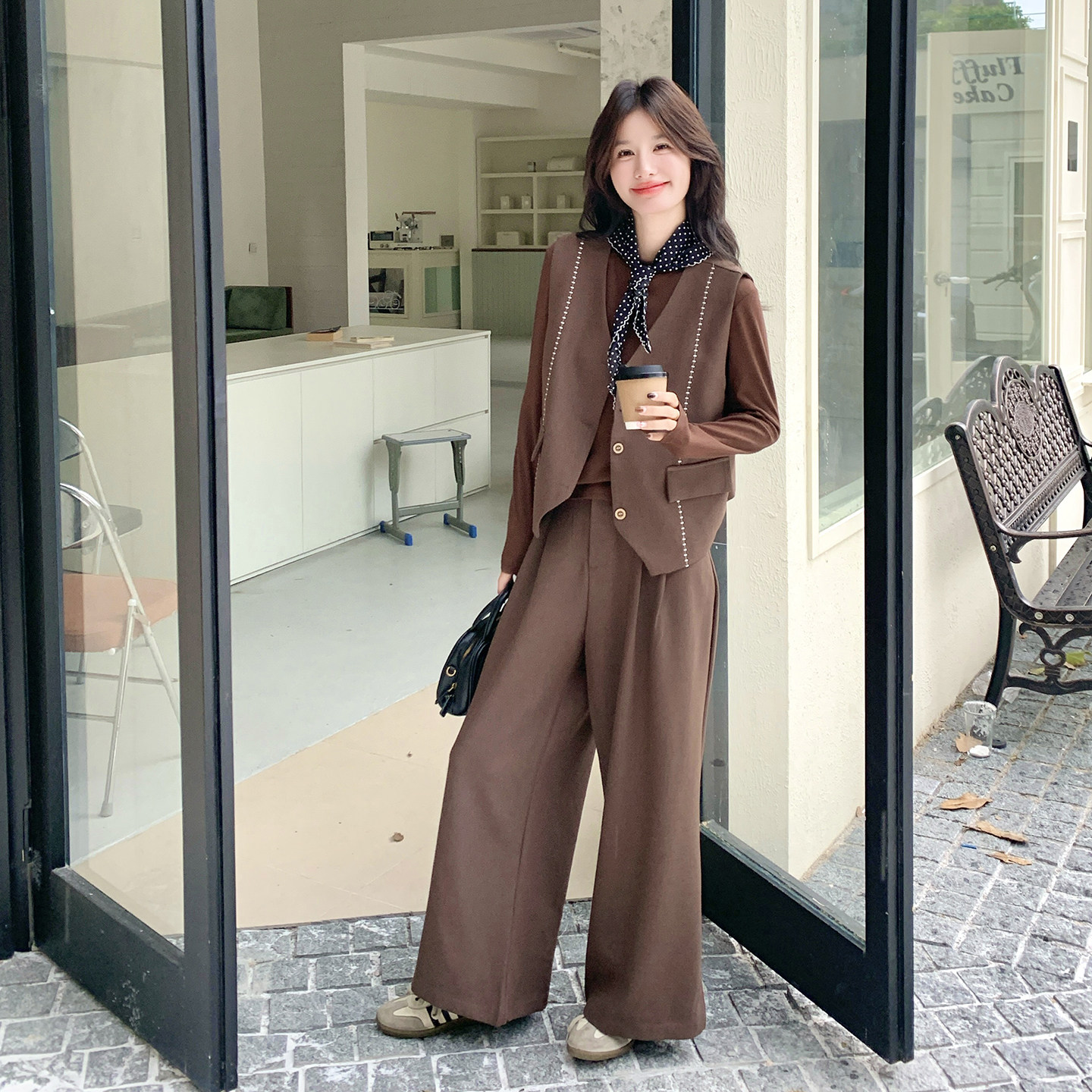 老钱风马甲套装女秋季2025新款复古高级感休闲阔腿裤打底衫三件套,女装套装/套裙,2D078