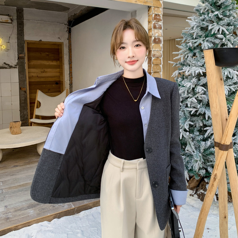 假两件西装毛呢外套女2024冬季新款高级感轻熟气质羽绒内胆小西服,女装羽绒服,2C266