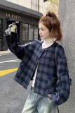 韩系蓝色格子双面呢羊毛外套女秋冬2025新款时髦减龄绝美短款大衣，女装毛呢外套，2B237