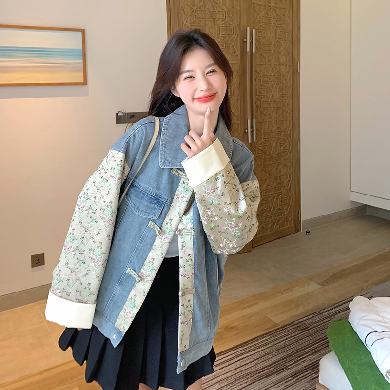 拼接碎花牛仔外套女2025春季新款国风新中式小个子设计感小众上衣,女装短外套,2C177