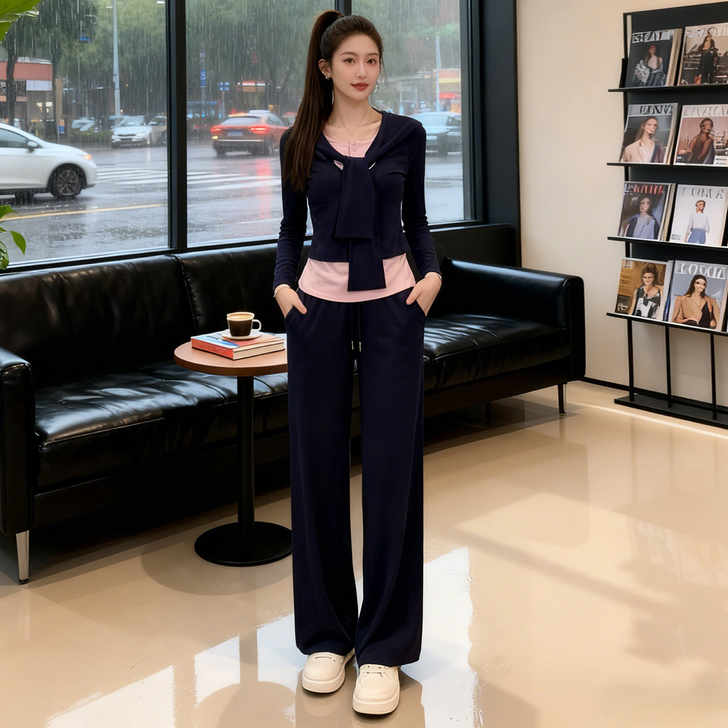 高级感时尚气质休闲套装女春季款撞色拼接假两件上衣阔腿裤两件套,女装套装/套裙,2C310