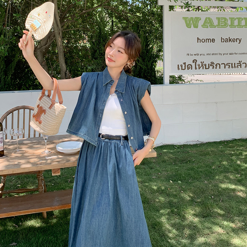 现货：夏装新款减龄洋气水洗牛仔两件套裙2C135-5089P145K208,女装套装/套裙,2C135