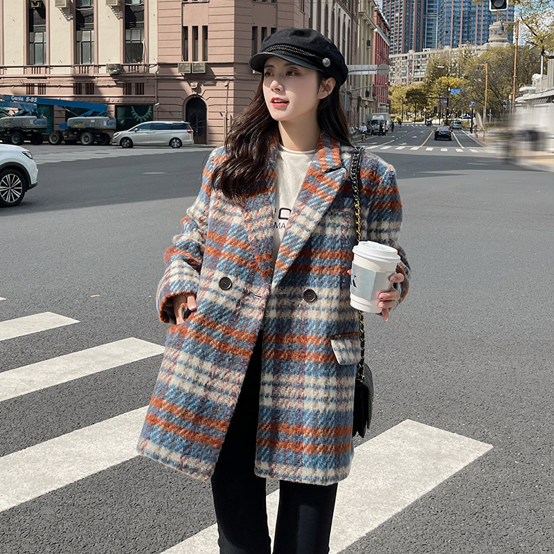 港风复古时尚格纹西装毛呢外套女2025秋冬季新款显瘦加厚呢子大衣,女装毛呢外套,2C203