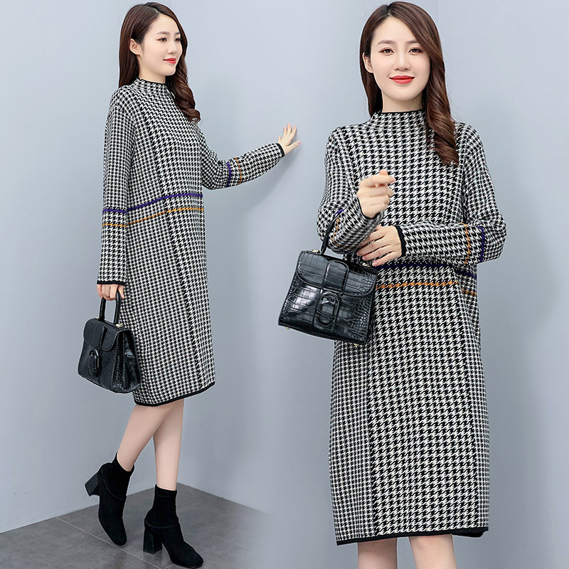 2025新款针织拼色千鸟格连衣裙，女装连衣裙，幸运星,女装连衣裙,1D073
