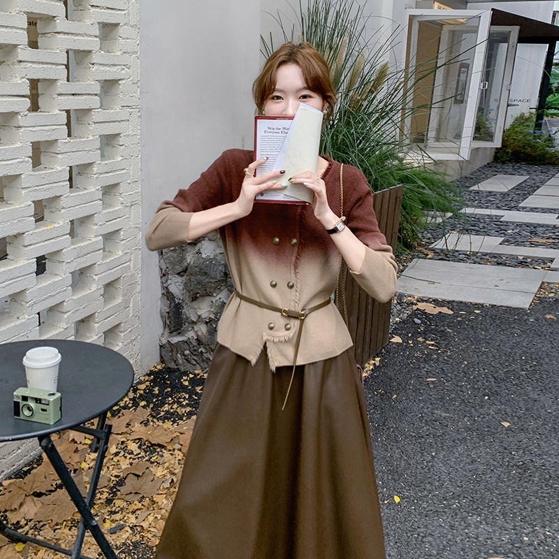 渐变色小香风时尚套装裙女2025法式设计感洋气减龄PU皮裙两件套,女装套装/套裙,2C166