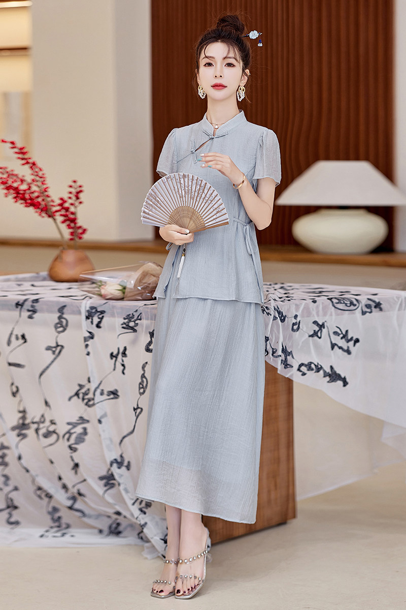 现货！24夏装新款新中式风套裙纯色盘扣裙子套装女,女装套装/套裙,衣珂纱朗