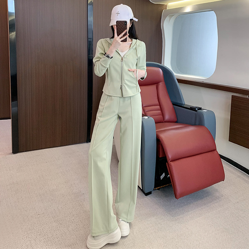 女秋时尚修身显瘦连帽开衫长袖阔腿裤套装图片