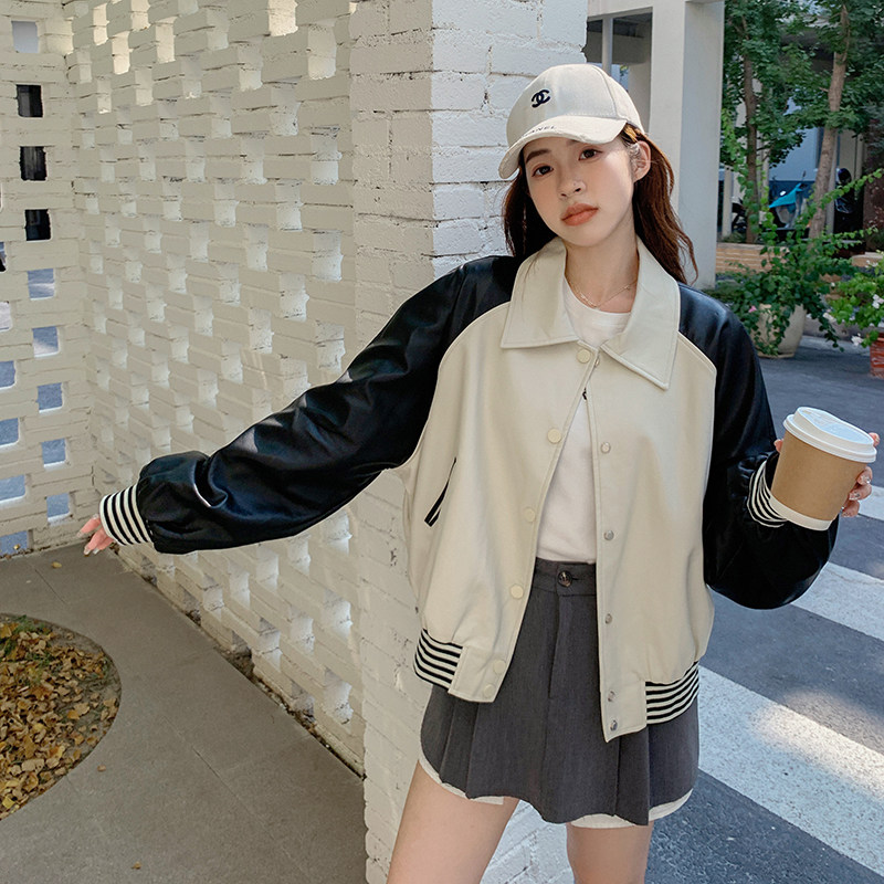 新款！设计感休闲宽松撞色皮衣夹克外套C029-2339P155K218,女装皮衣,2C029