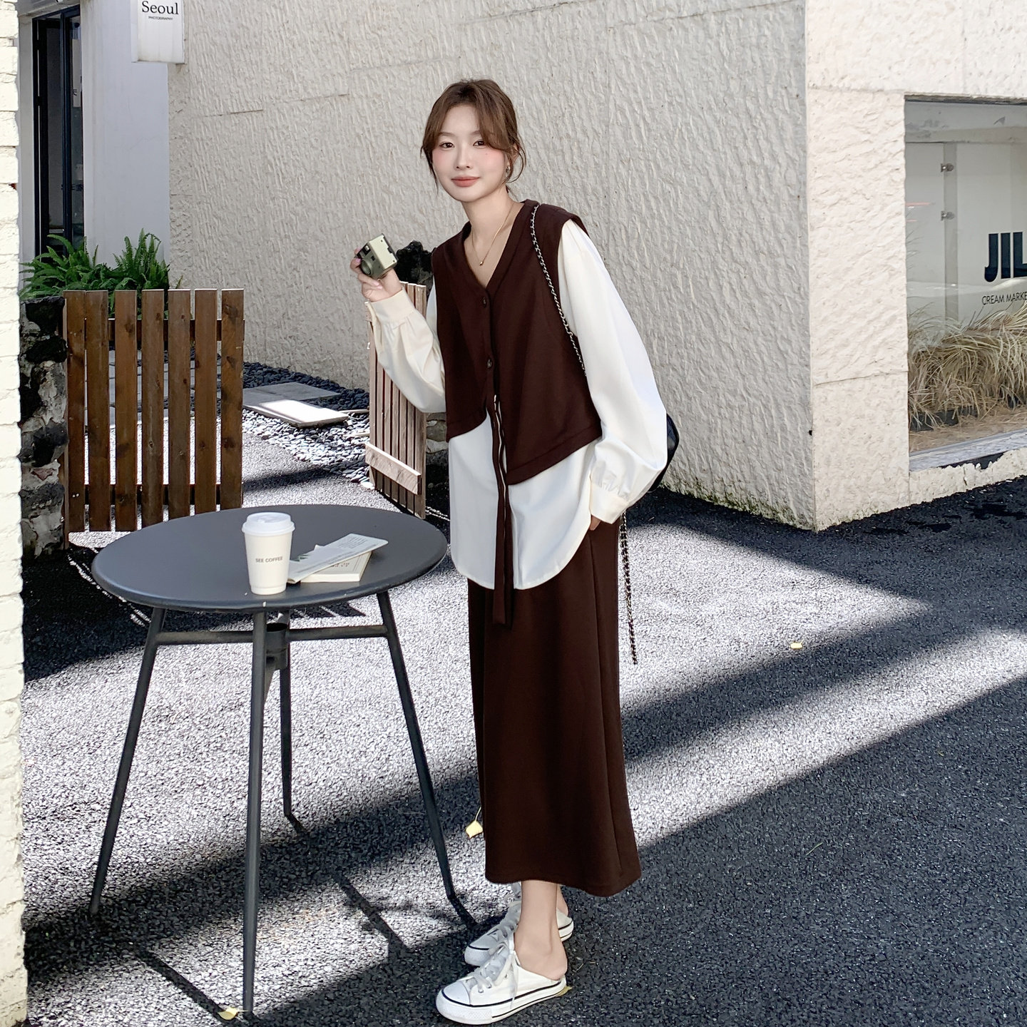 盐系穿搭独特松弛感假两件上衣套装裙女秋季2025新款半身裙两件套,女装套装/套裙,2C375