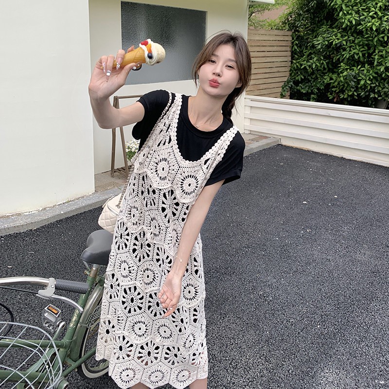 温柔风镂空连衣裙套装女2025夏季新款法式设计感小众短上衣两件套,女装连衣裙,2C098
