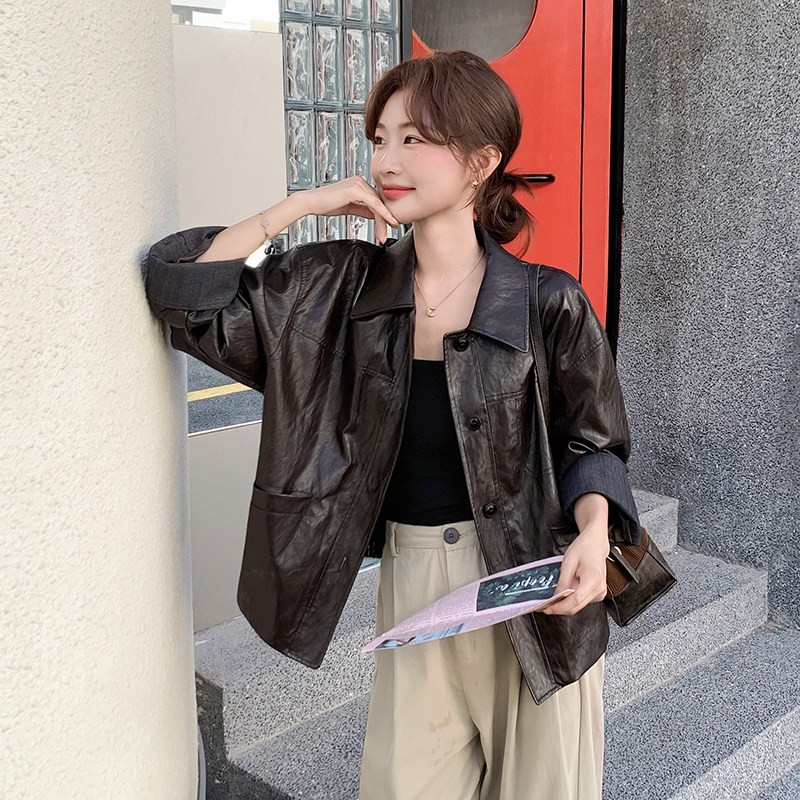 25新品现货休闲撞色咖色皮衣休闲外套2C139-9051-P165-K248，女装皮衣，2C139