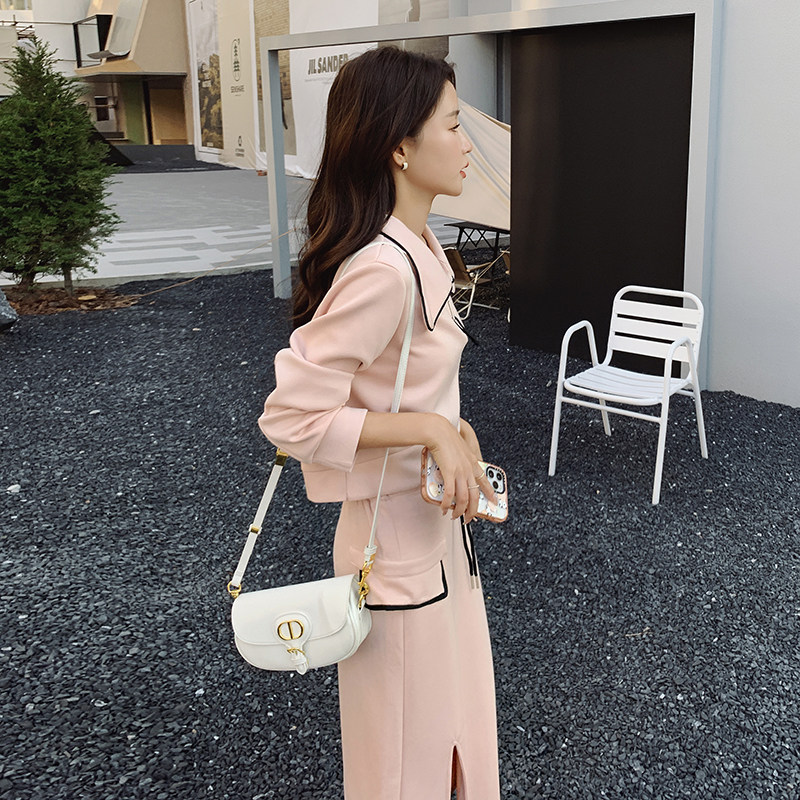 设计感小众粉色套装裙女2024年秋季新款翻领长袖卫衣半身裙两件套,女装套装/套裙,2C088