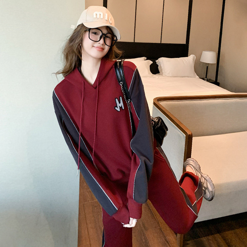 女春季连帽拼接束脚裤两件套优雅显高显瘦潮,女装套装/套裙,2C310