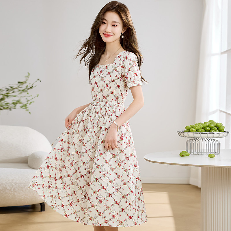 纯棉小碎花连衣裙女2025新款夏季高级感法式泡泡袖系带收腰中长款,女装连衣裙,1D073