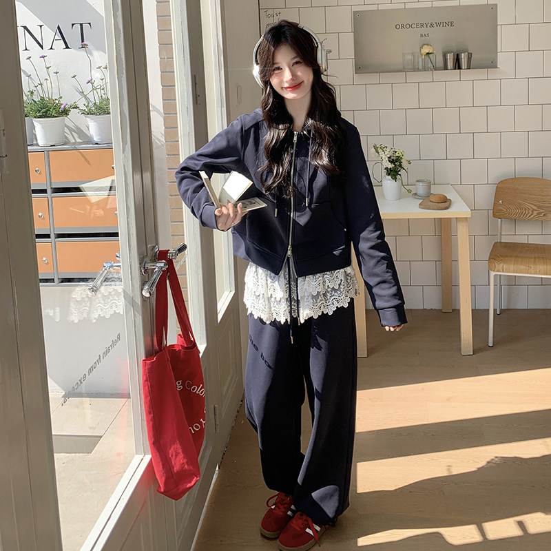 运动卫衣蕾丝拼接套装女2025春秋季新款藏青色洋气休闲长裤两件套,女装套装/套裙,2C203