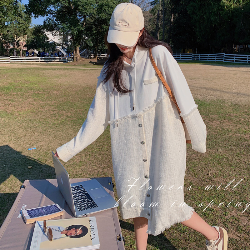 白色小香风拼接卫衣裙女2024初秋新款设计感宽松显瘦设计感不规则图片