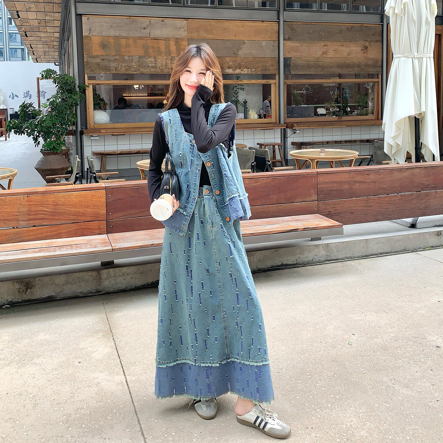 韩系复古破洞牛仔套装女2025秋季新款设计感马甲内搭半身裙三件套,女装套装/套裙,2D043