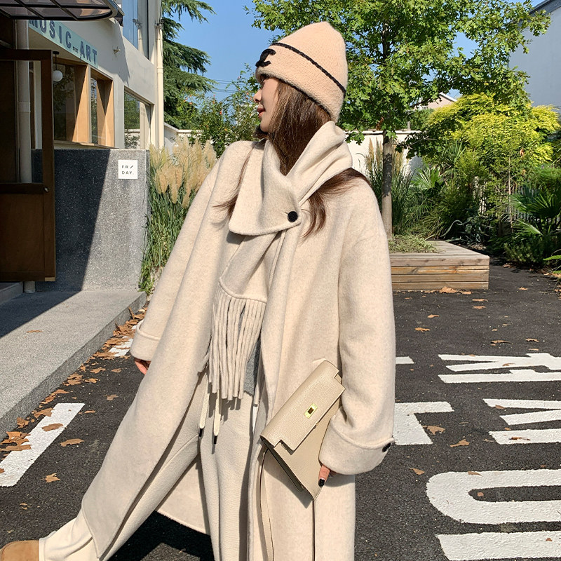 米白色双面呢羊绒大衣女2025冬季新款高级感长款宽松围巾羊毛外套,女装毛呢外套,1D066-1