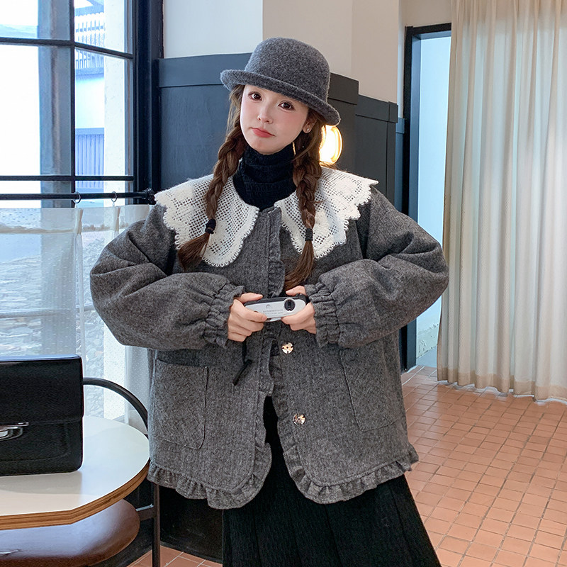 设计感蕾丝娃娃领灰色毛呢羽绒服女加厚保暖外套6122P235K358,女装羽绒服,2C166