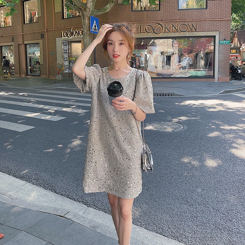 现货新款高级感重工工艺亮片泡泡袖T恤裙2328P110K168,女装连衣裙,2C029