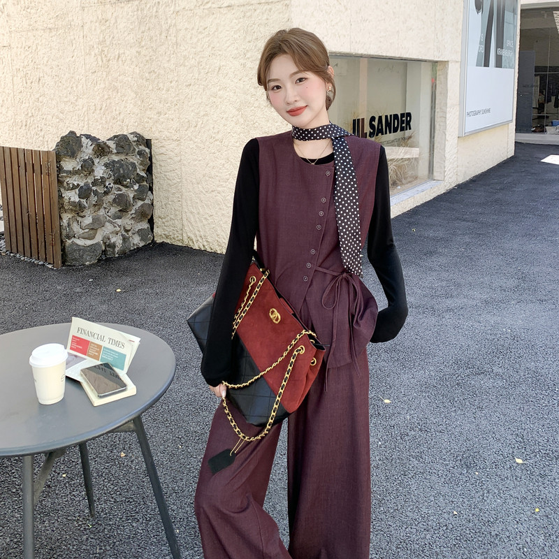 高级感复古气质马甲阔腿裤T恤套装女2025秋季新款时尚减龄三件套,女装套装/套裙,2C159