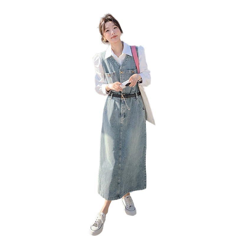 超好看复古牛仔连衣裙长袖衬衫两件套女2024春秋新款气质长裙套装,女装套装/套裙,2C159