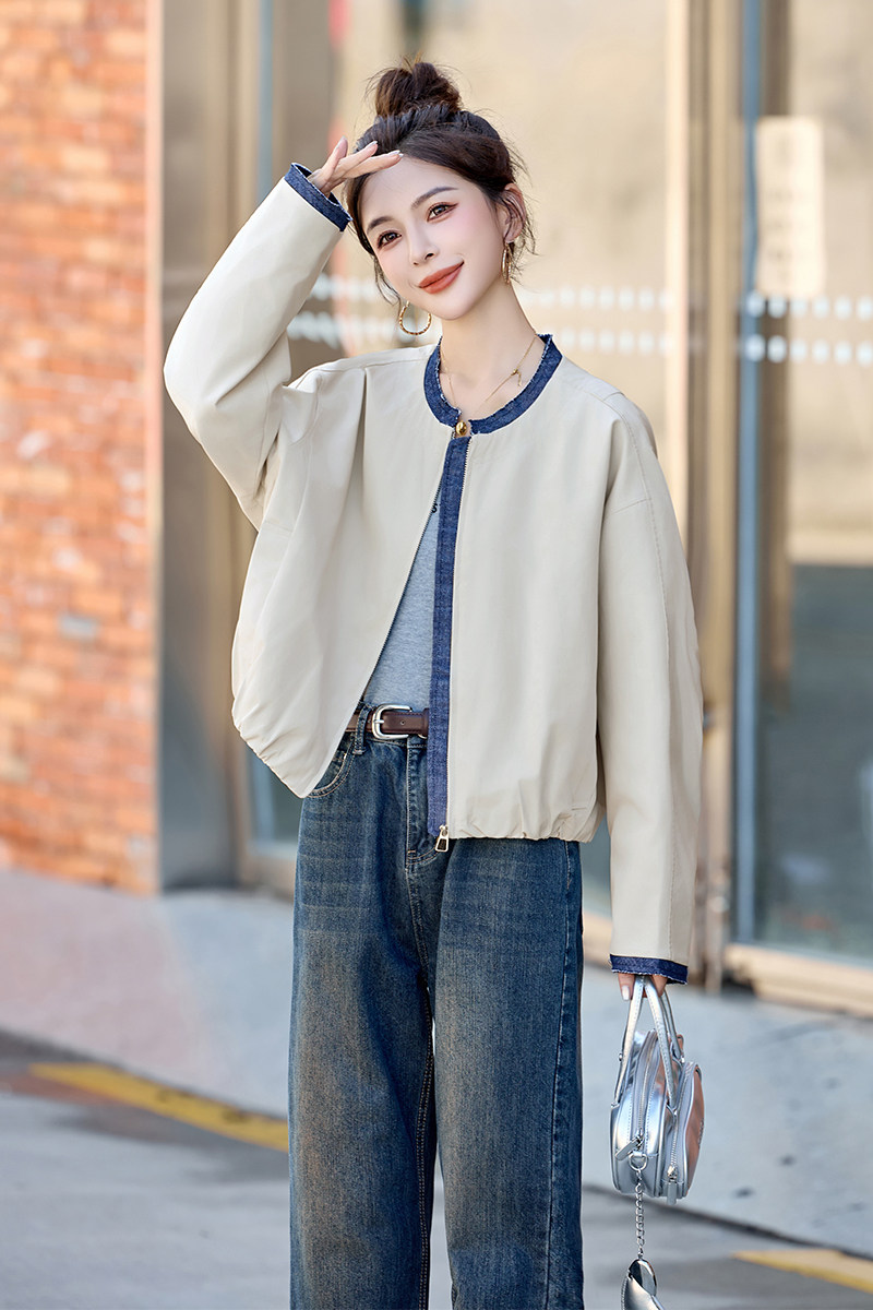 复古牛仔拼接圆领棒球服外套女2025秋季新款宽松休闲短款夹克外套,女装短外套,衣佳和