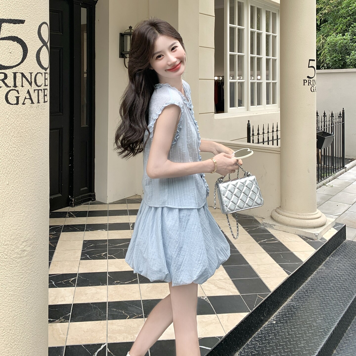 俏皮减龄套装裙女小个子2025夏季新款木耳边马甲花苞半身裙两件套,女装套装/套裙,2C159