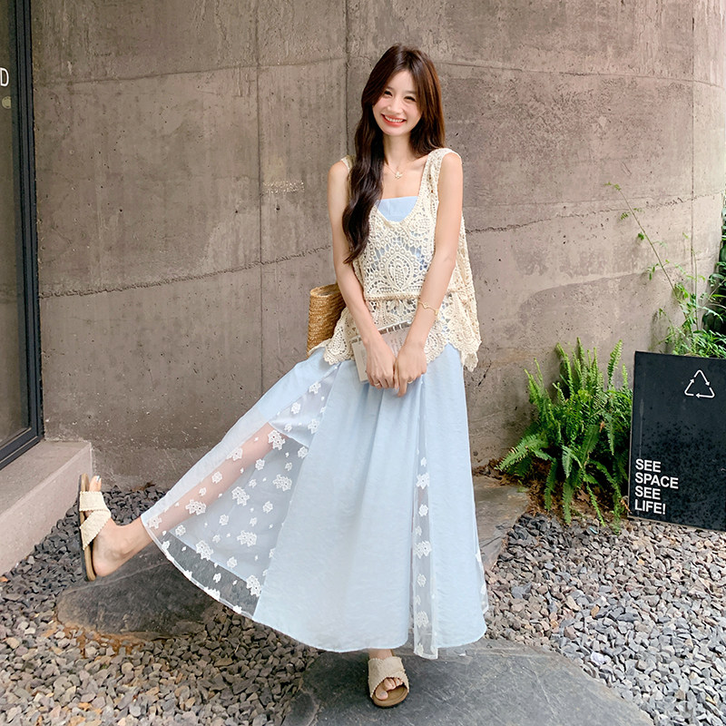 现货2D078-T2053-P155K238拼接设计吊带连衣裙+钩花罩衫两件套,女装套装/套裙,2D078